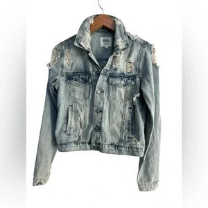 Almost Famous Women's Distressed Denim Jean Jacket Light Blue Size Small